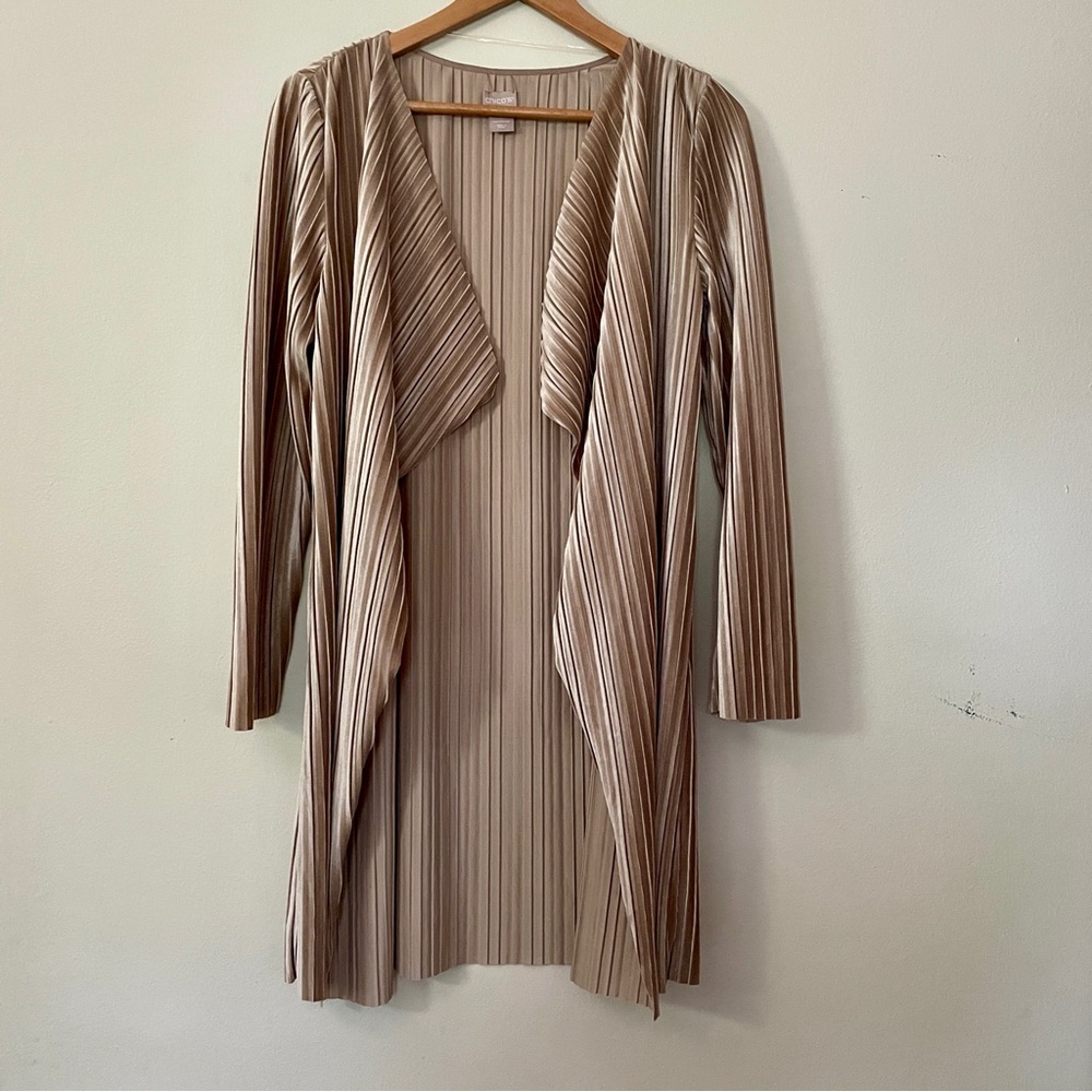 Chico's Sz 1(M) Taupe Pleated Velvet Open Long Sleeve Duster Cardigan Classic